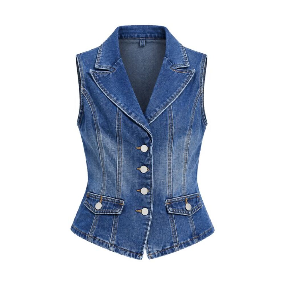 Women's Denim Vest Sleeveless V Neck Notched Lapel Western Waistcoat Blue